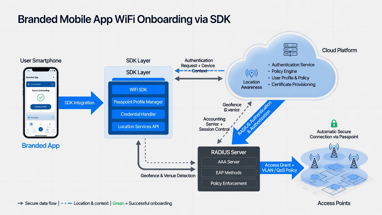 Network architecture diagram for app-based WiFi onboarding solution using a branded mobile app and cloud platform