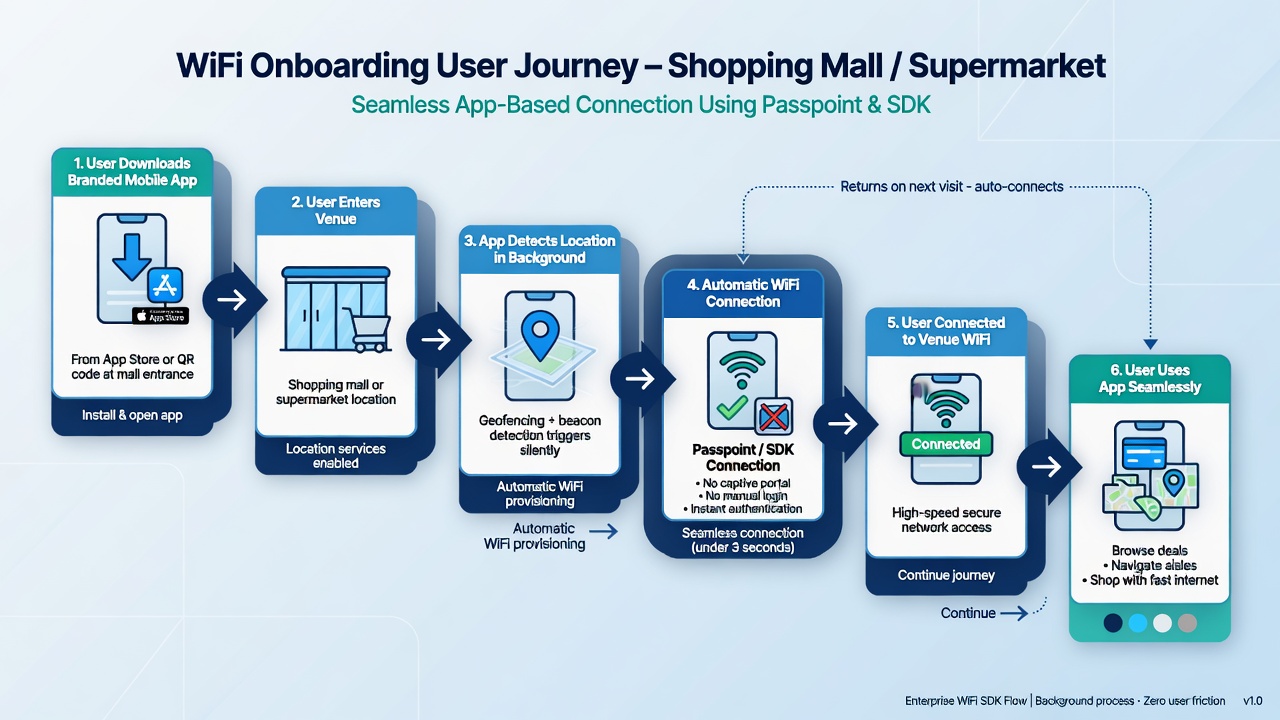User journey flowchart for app-based WiFi onboarding in a shopping mall or supermarket using a branded mobile app