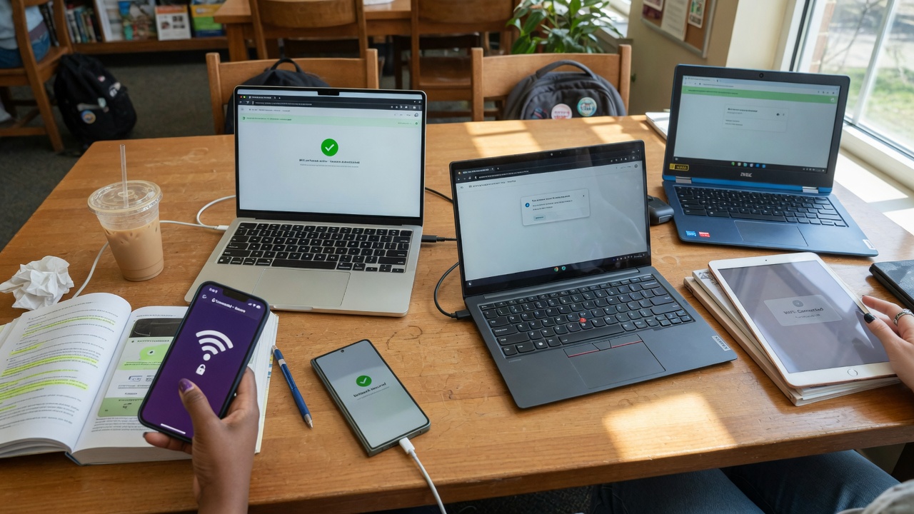 Natural photorealistic photo of a varied group of modern university students' personal devices — recent iPhone, Android phone, MacBook, Windows laptop, tablet, and Chromebook — arranged naturally in a realistic campus library or cafe setting, showing subtle secure Wi-Fi connection success