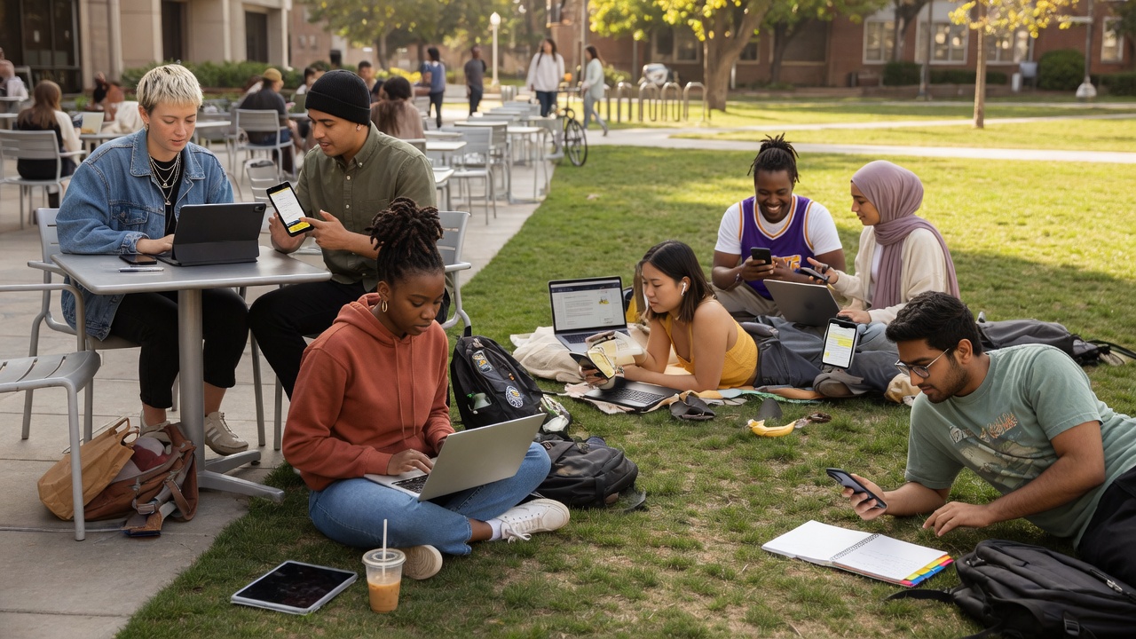 Diverse university students outdoors on campus using laptops, phones, and tablets with seamless secure Wi-Fi connectivity in a natural campus environment