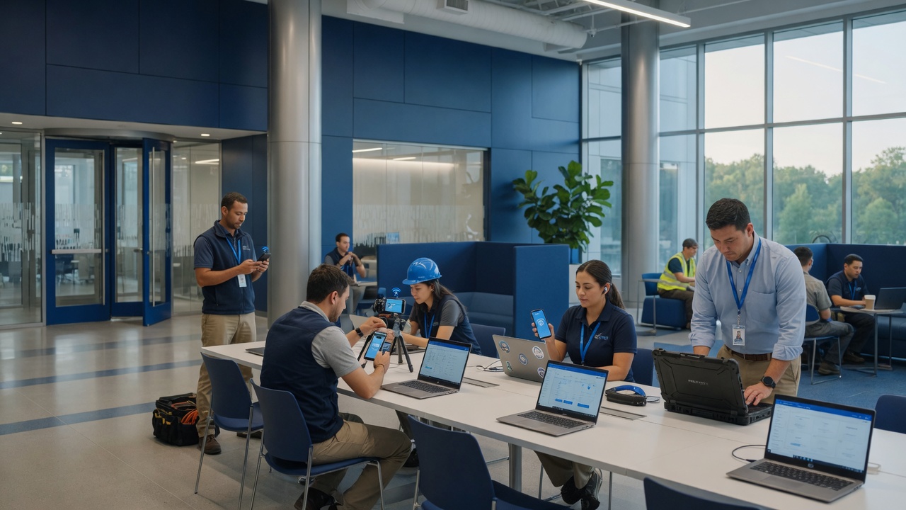 Contractors and temporary staff working productively on laptops and phones in a modern enterprise campus with seamless secure Wi-Fi