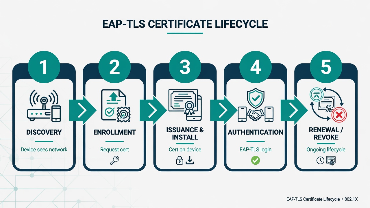 Simplified 5-step EAP-TLS certificate lifecycle diagram: Discovery → Enrollment → Issuance & Install → Authentication → Renewal/Revoke. Clean horizontal flow with large readable steps and minimal text.