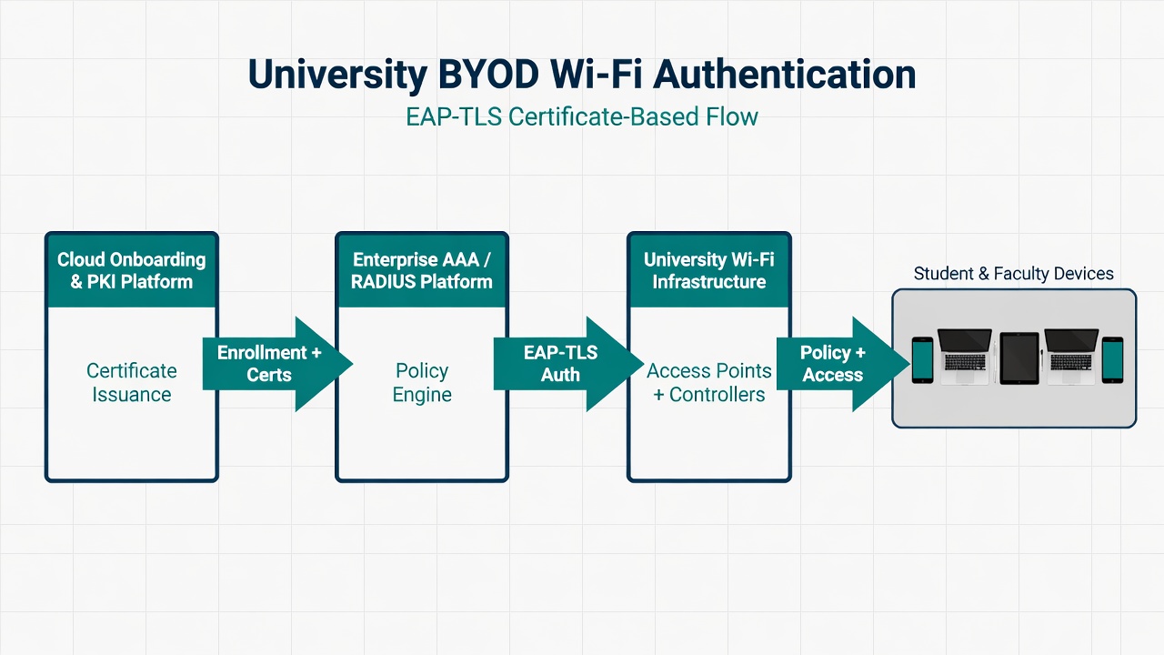 Simplified high-level architecture diagram: cloud onboarding and PKI platform feeding enterprise AAA/RADIUS for EAP-TLS, then to university Wi-Fi and end-user devices. Clean, spacious layout with large readable labels and clear arrows.
