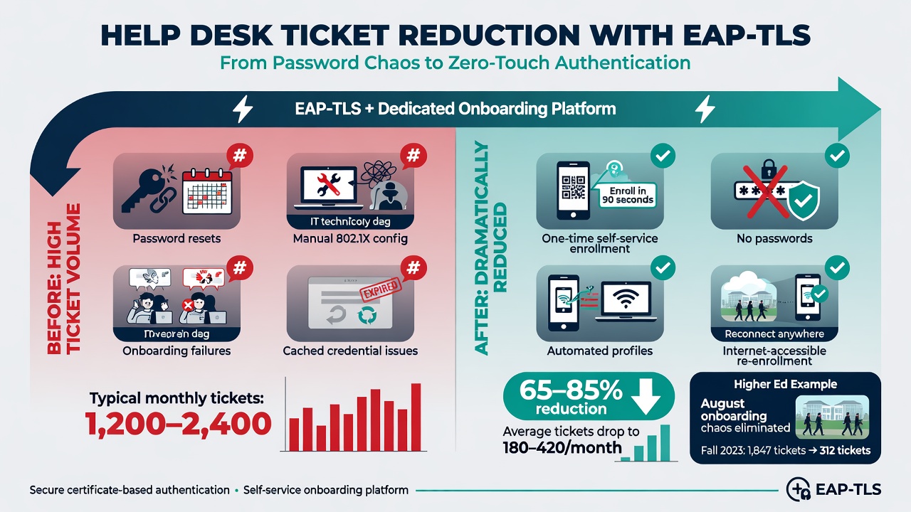 Professional diagram illustrating before-and-after helpdesk ticket sources for Wi-Fi and how EAP-TLS with dedicated onboarding drives major reductions