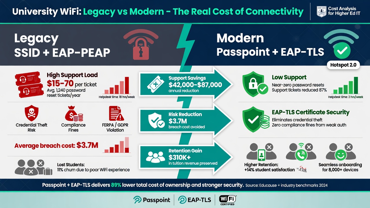 Infographic comparing legacy EAP-PEAP costs (high helpdesk, elevated breach risk, retention leakage) against modern Passpoint + EAP-TLS (low recurring support, strong security posture, protected enrollment revenue)