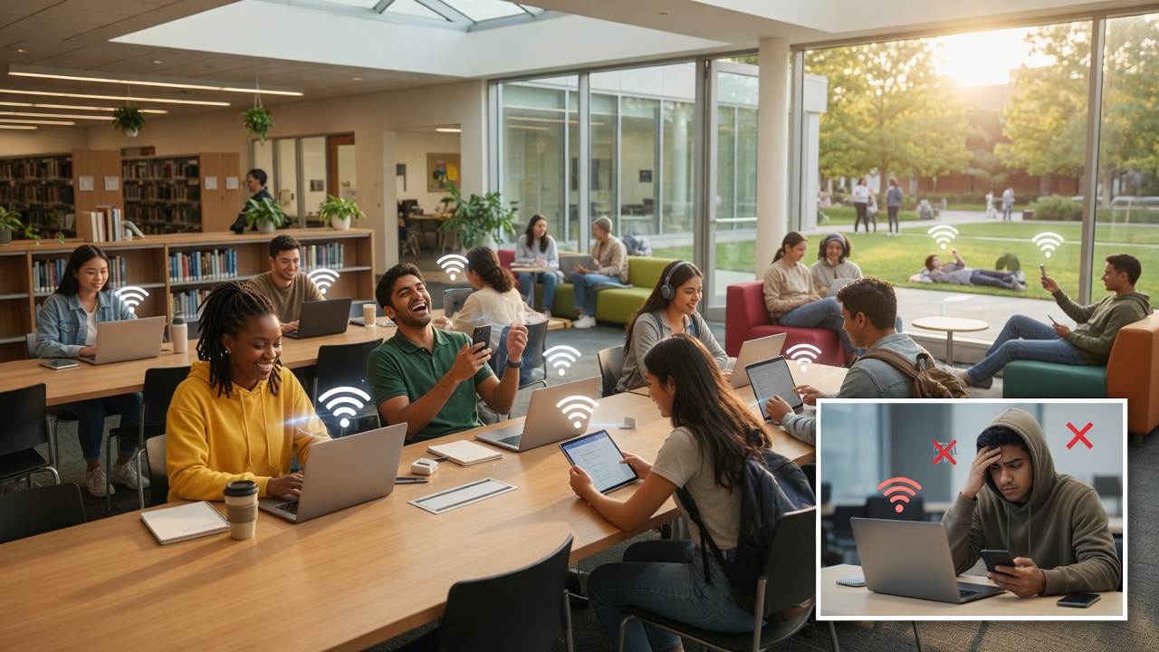 Diverse university students productively studying and connecting seamlessly on campus with modern Wi-Fi, illustrating higher engagement and retention enabled by reliable automatic access