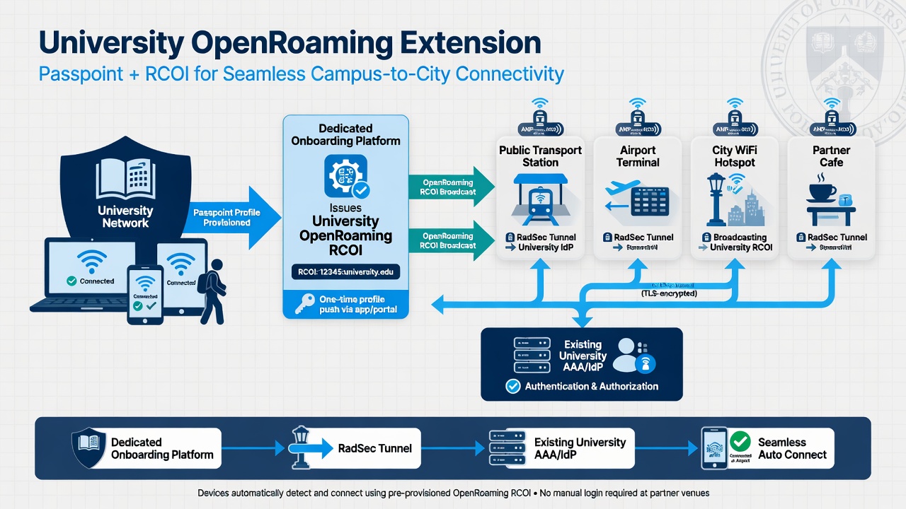 Infographic showing how a university uses a dedicated onboarding platform to issue Passpoint profiles with OpenRoaming RCOI and connect via RadSec to remote networks at transport stations, airports, and city locations