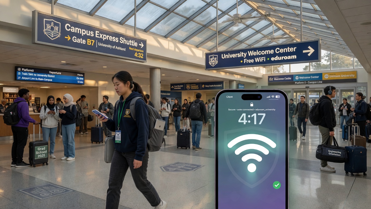 University student with phone automatically connected via OpenRoaming while walking through a busy public transport station on the way to or from campus