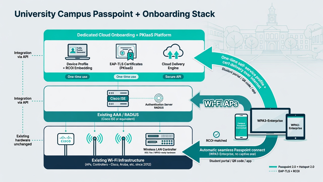 Layered architecture diagram: existing university Wi-Fi APs and controllers + existing AAA/RADIUS + dedicated cloud onboarding and PKIaaS platform delivering EAP-TLS certificates and Passpoint profiles with RCOI to student devices for automatic secure connection
