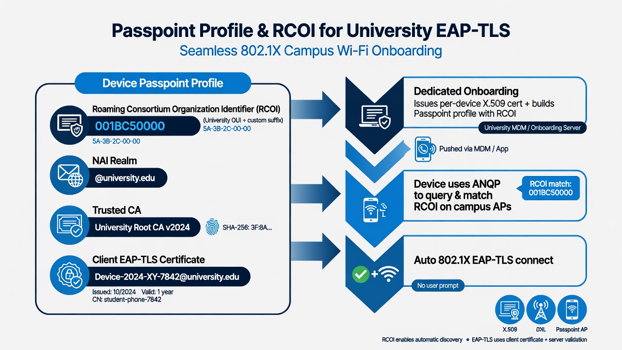 Infographic showing the contents of a university Passpoint profile with RCOI values, trusted CA, and per-device EAP-TLS client certificate issued by a dedicated onboarding platform