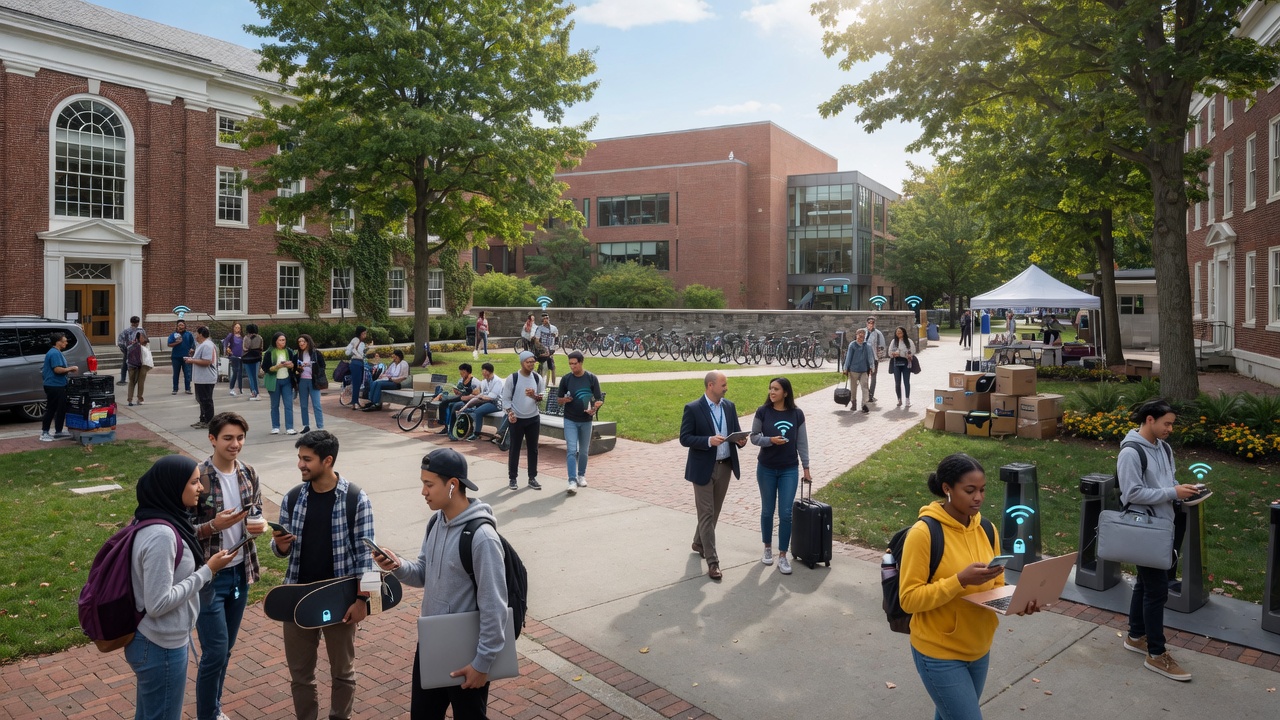 Busy modern university campus quad filled with students carrying devices that connect automatically and securely via Passpoint without any manual login or captive portal steps