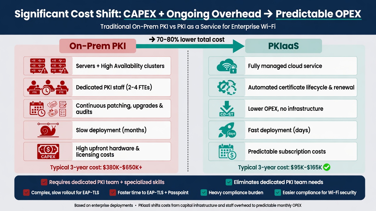 Cost comparison diagram: Traditional on-prem PKI (high CAPEX, hidden staff/audit/risk costs) vs PKIaaS (predictable OPEX, faster deployment, lower overhead)