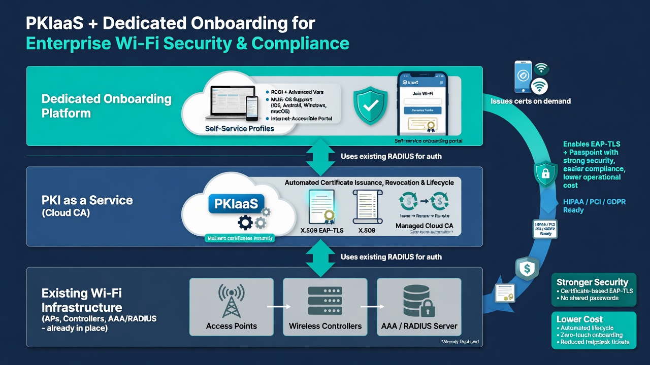 Architecture diagram: Existing Wi-Fi infrastructure + PKIaaS (cloud CA for certs) + dedicated onboarding (profiles with RCOI) enabling secure, compliant EAP-TLS and Passpoint