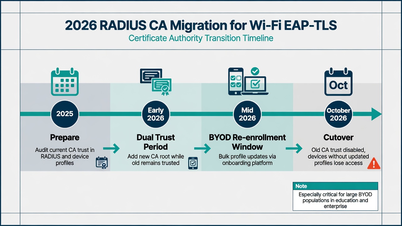Clean timeline diagram of 2026 RADIUS CA migration phases including preparation, dual trust, BYOD re-enrollment window, and cutover