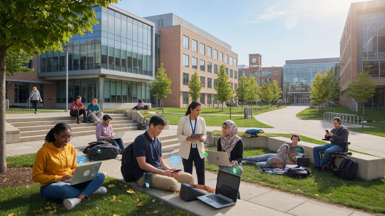 Modern university campus with students and faculty enjoying seamless secure WiFi on a vibrant quad
